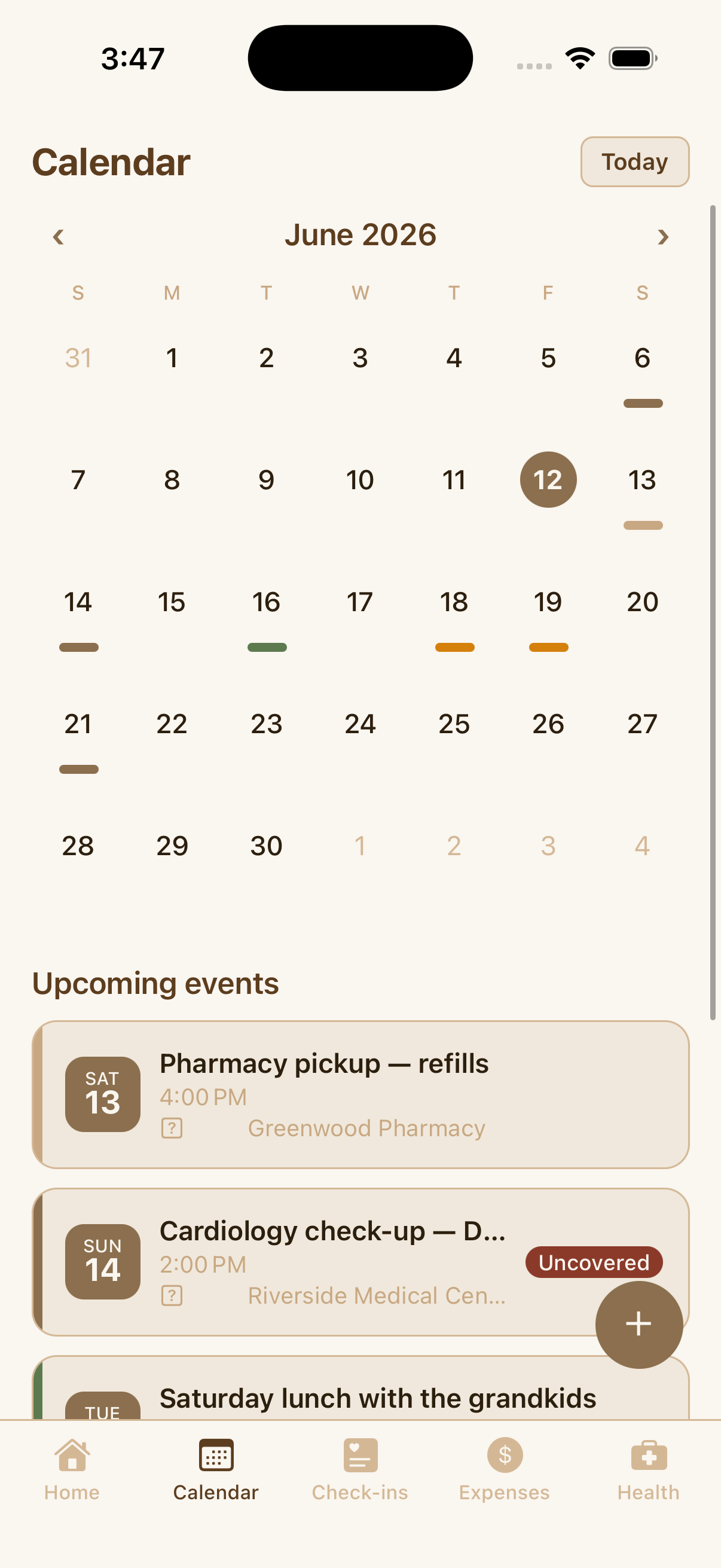 KinCare shared calendar for June with color-coded events and an uncovered cardiology check-up