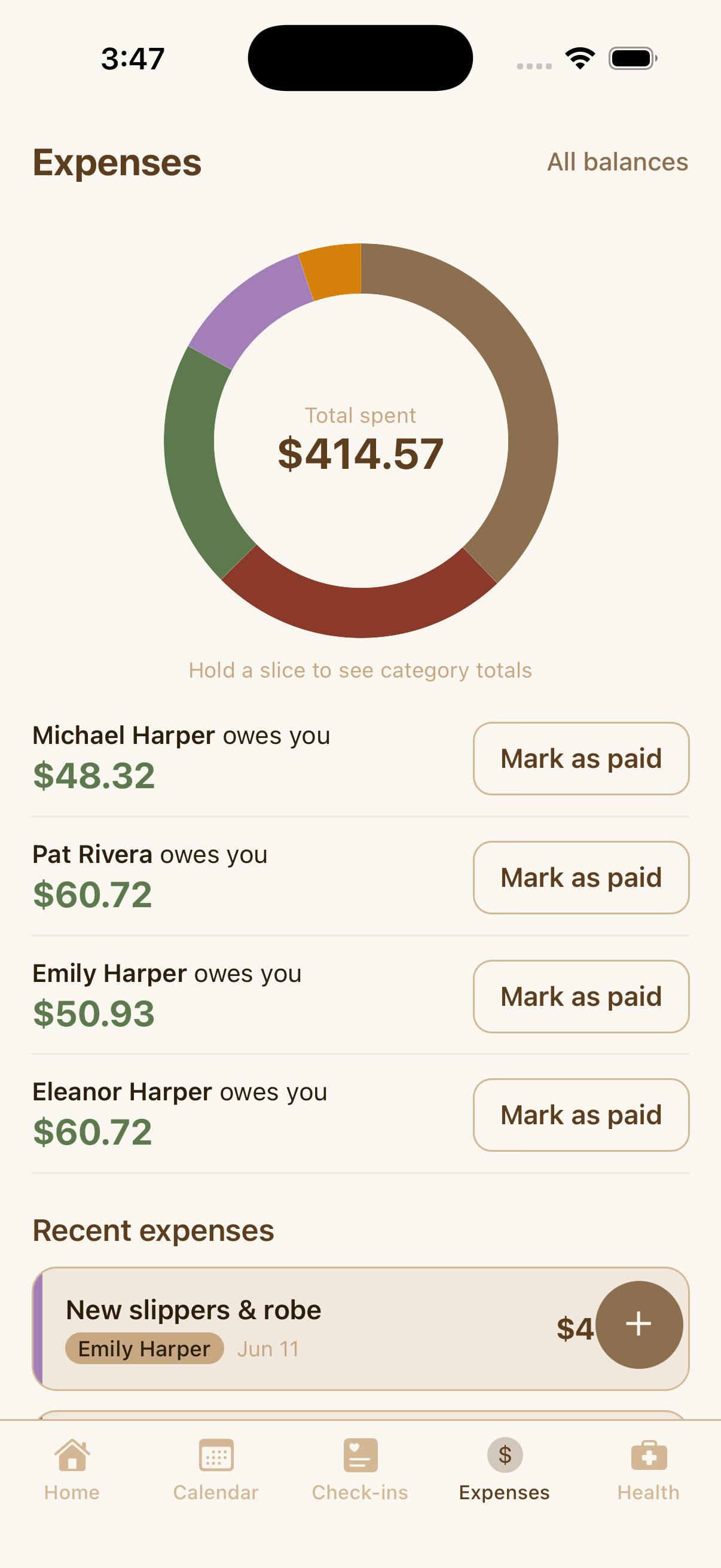 KinCare expenses screen with a spending breakdown chart and per-person balances