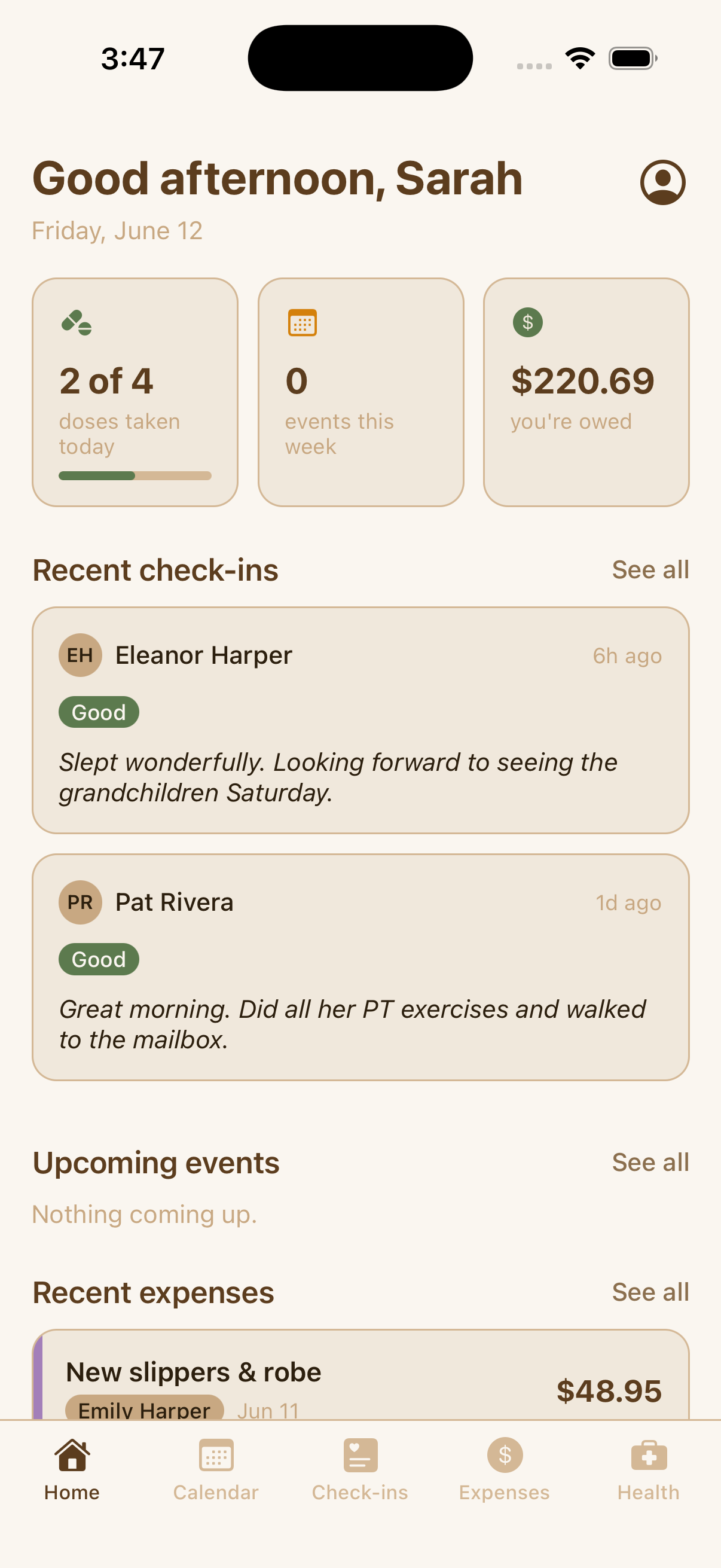 KinCare home screen showing today's medication doses, upcoming events, balances, and recent check-ins for the Harper family