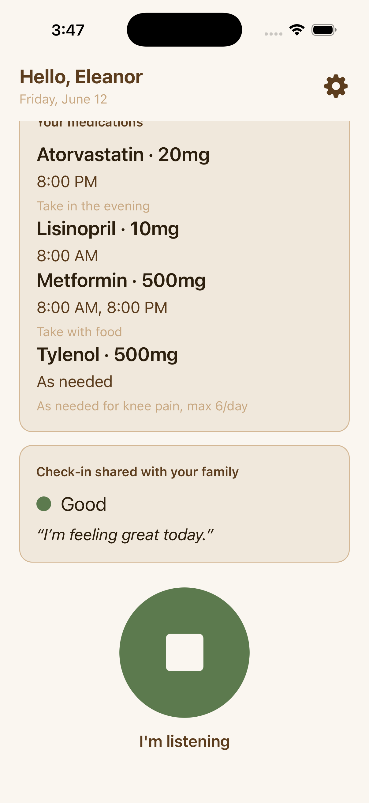 KinPresent listening screen after Eleanor shared a check-in saying she feels great today