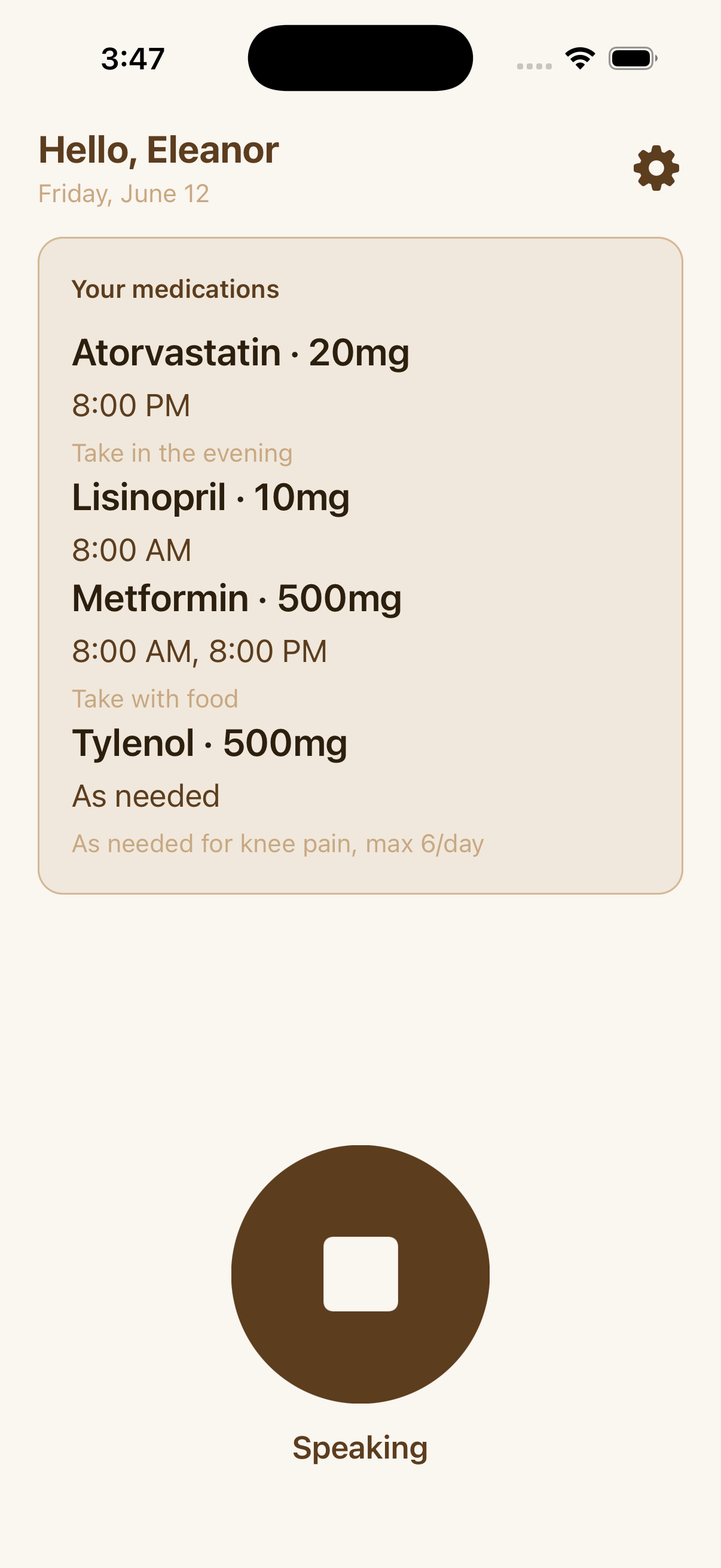 KinPresent speaking screen listing Eleanor's medications and times