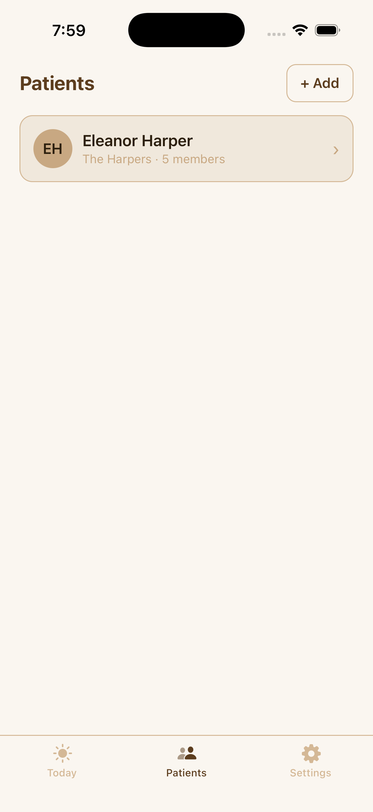 KinProvide patients list showing Eleanor Harper's circle with an Add button