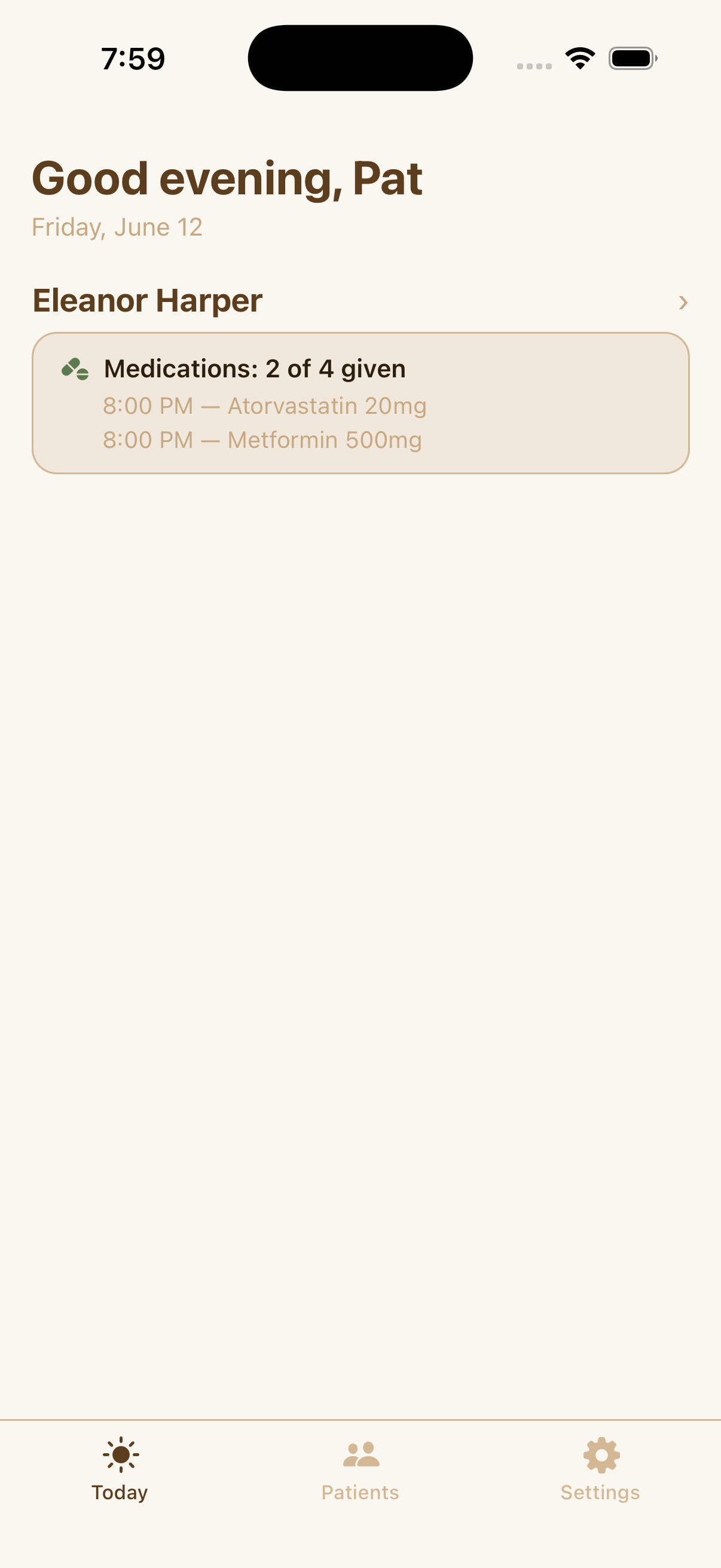KinProvide Today dashboard greeting the caregiver with the patient's medication status